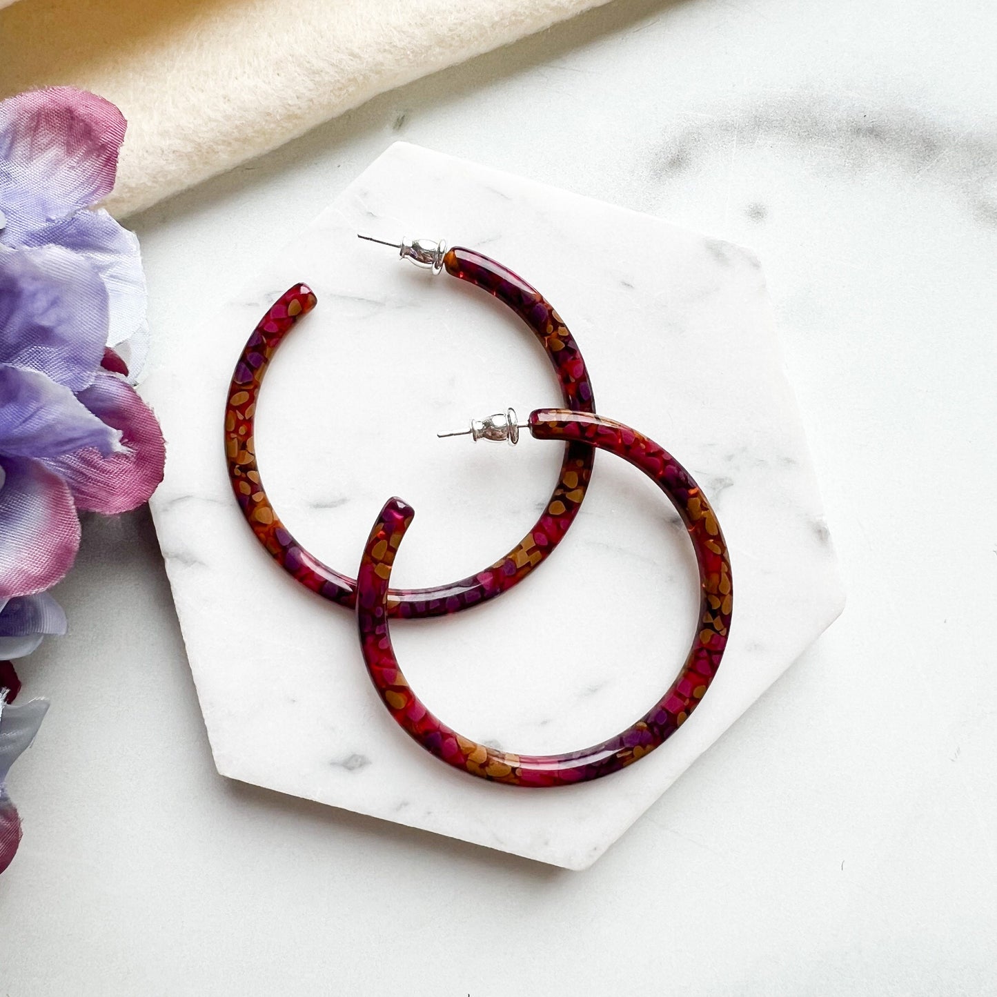 50mm Thin Round Hoops in the Hydrangea Collection| Large Hoop Earrings Flower Floral Hoops Cellulose Acetate 925 Sterling Silver Posts