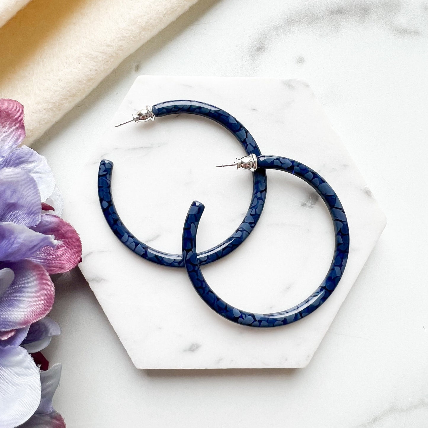 50mm Thin Round Hoops in the Hydrangea Collection| Large Hoop Earrings Flower Floral Hoops Cellulose Acetate 925 Sterling Silver Posts