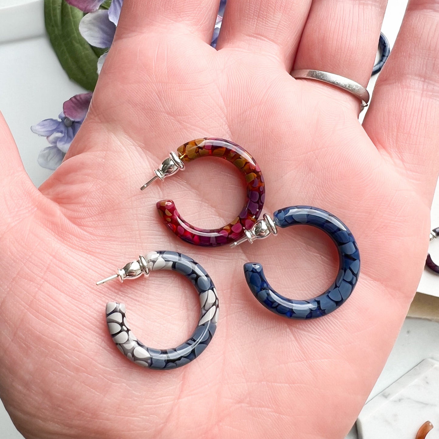 Ultra Mini Hoops in the Hydrangea Collection| Small Hoop Earrings Flower Floral Hoops Cellulose Acetate 925 Sterling Silver Posts
