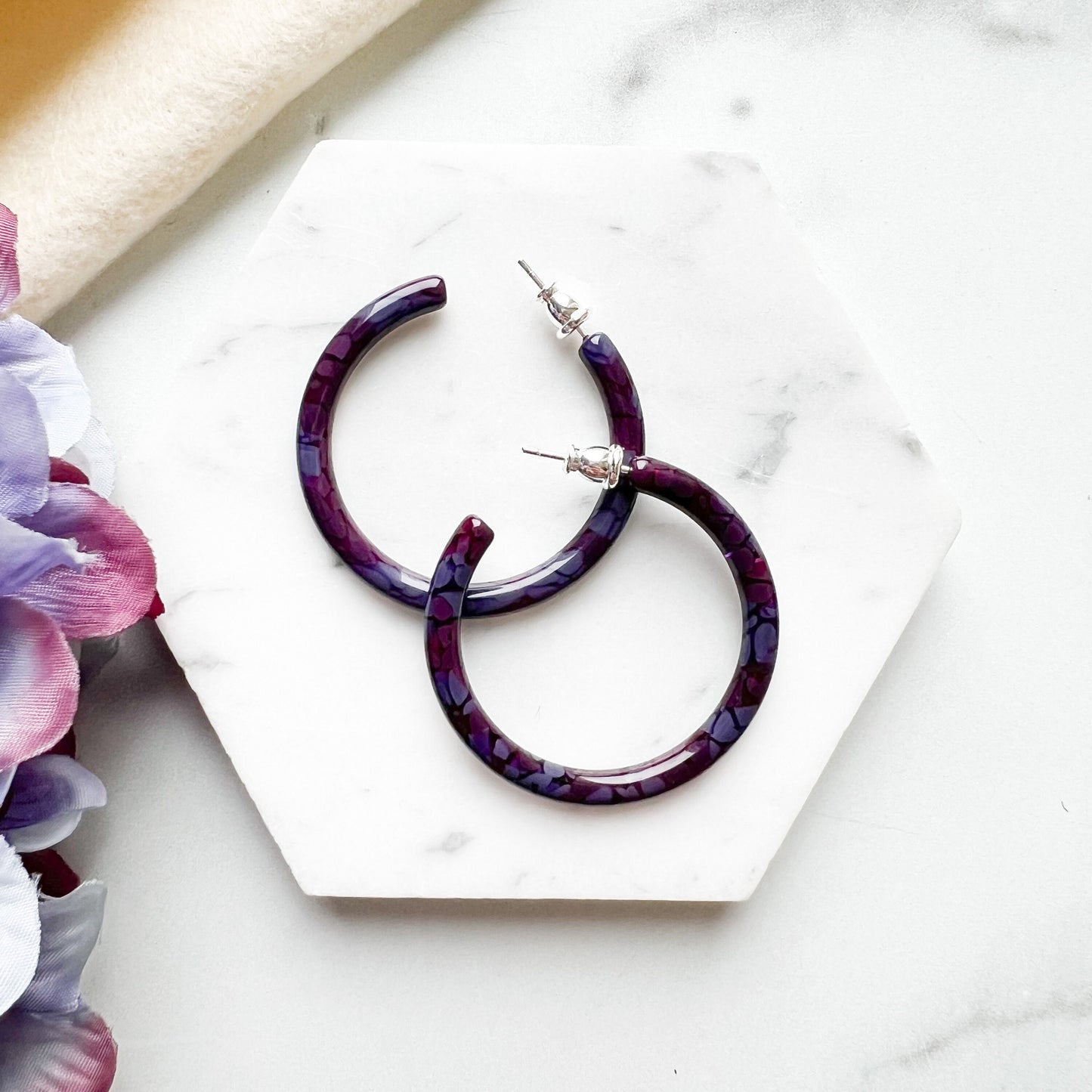 40mm Thin Round Hoops in the Hydrangea Collection| Large Hoop Earrings Flower Floral Hoops Cellulose Acetate 925 Sterling Silver Posts