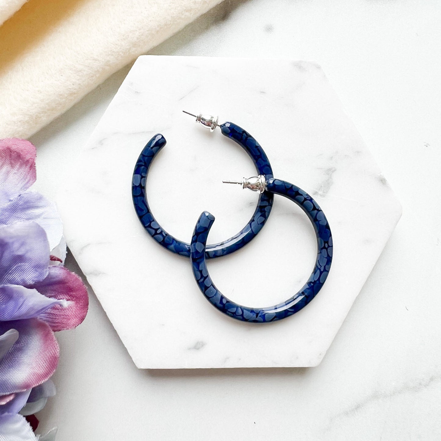 40mm Thin Round Hoops in the Hydrangea Collection| Large Hoop Earrings Flower Floral Hoops Cellulose Acetate 925 Sterling Silver Posts