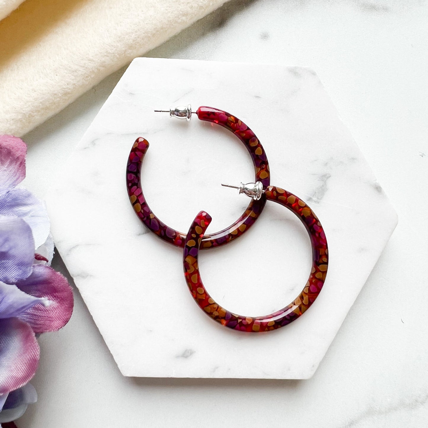 40mm Thin Round Hoops in the Hydrangea Collection| Large Hoop Earrings Flower Floral Hoops Cellulose Acetate 925 Sterling Silver Posts