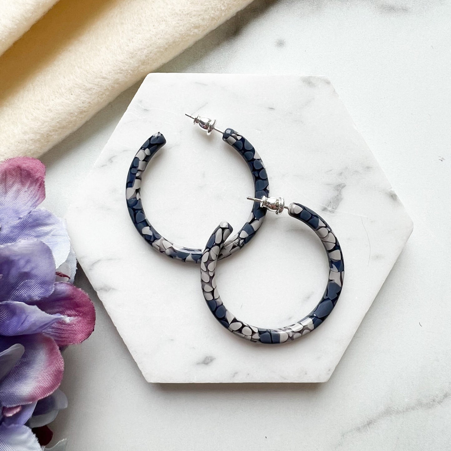 40mm Thin Round Hoops in the Hydrangea Collection| Large Hoop Earrings Flower Floral Hoops Cellulose Acetate 925 Sterling Silver Posts