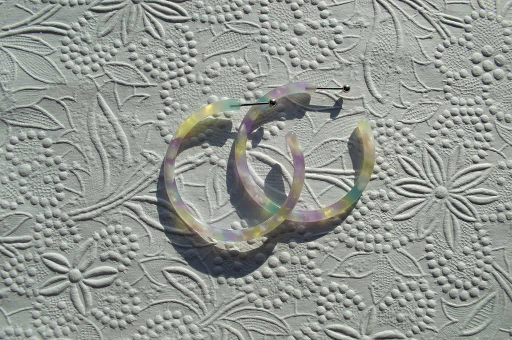 50mm Colorful Acetate Hoops in Teresa | Purple Teal Gold |Hypoallergenic .925 Sterling Post | Eco Friendly Italian Acetate |Ball Back Option