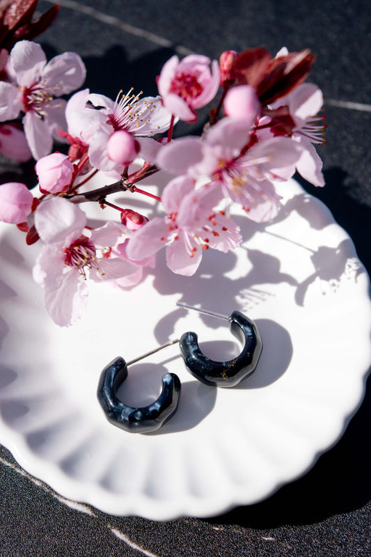 Kaleidoscope Hoops in Black Pearl | Geometric Acetate Resin Huggie Hoop Earrings Sterling Silver Posts Men’s Unisex