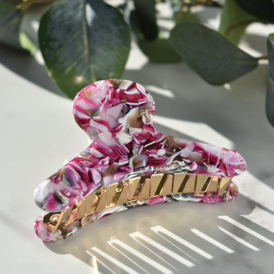 French Claw in Water Lily | Marble Pink, Green and White Floral Hair Clip