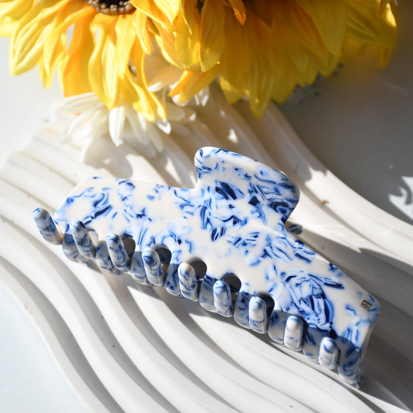 Rectangle Acetate Hair Claw in Porcelain | Blue and White Hair Clips Acetate