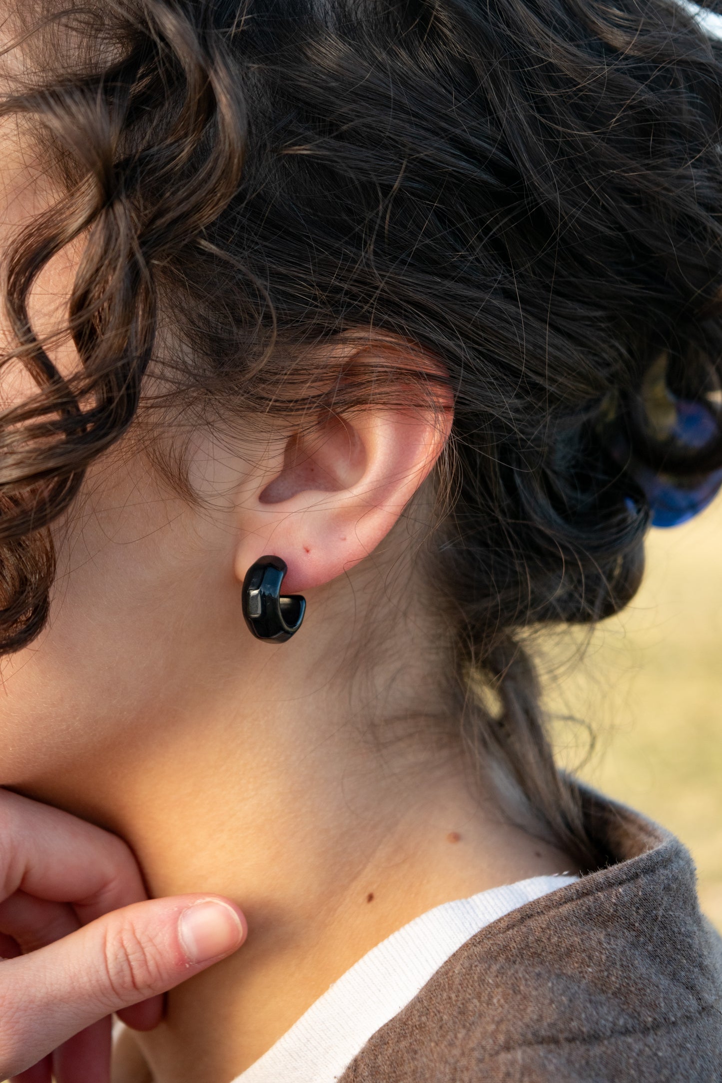 Kaleidoscope Hoops in Black Pearl | Geometric Acetate Resin Huggie Hoop Earrings Sterling Silver Posts Men’s Unisex