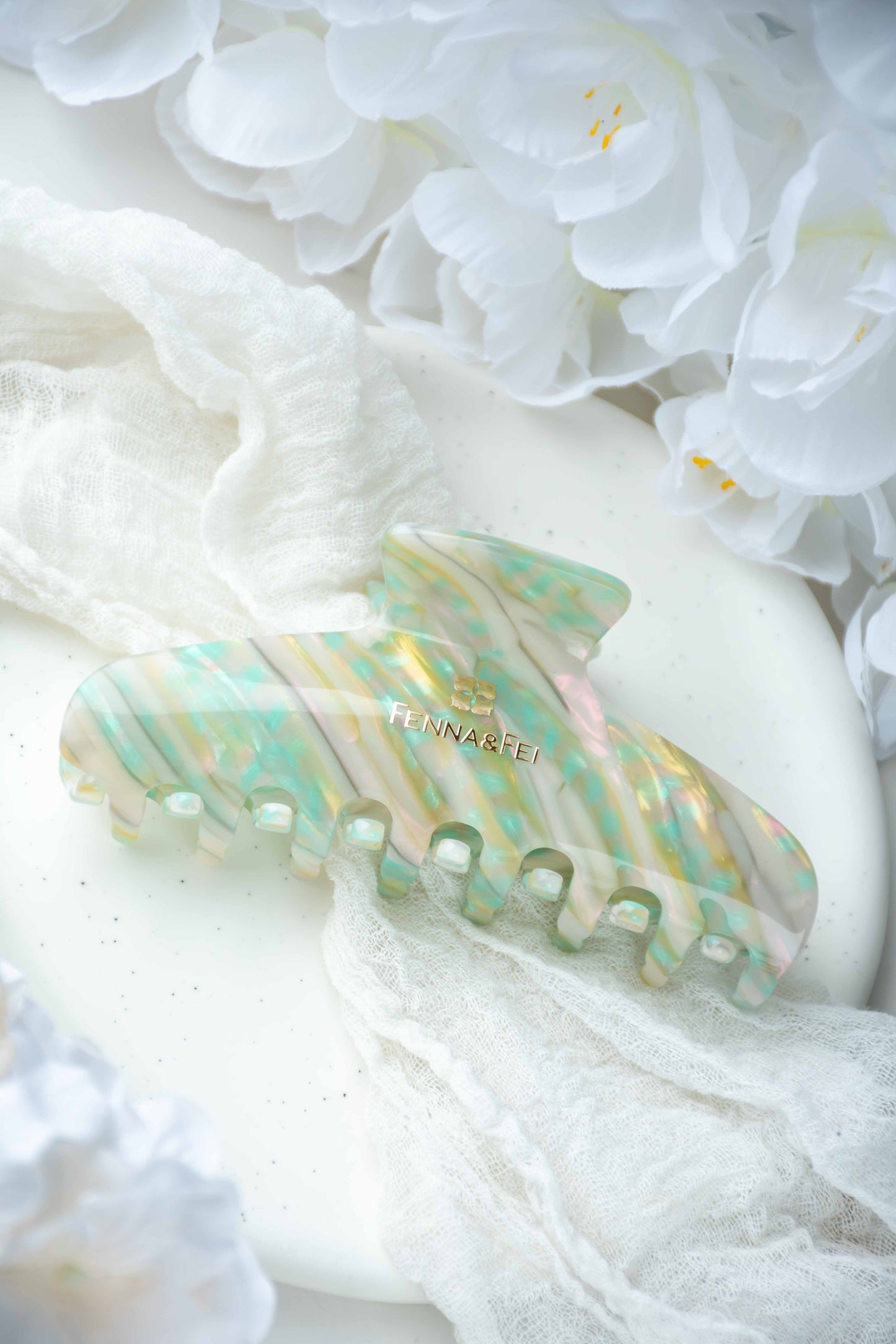 Glamour Grip Wave Claw in Desert Opal | White Green Pink Teal | Italian Acetate Tortoise Shell Large Hair Clip