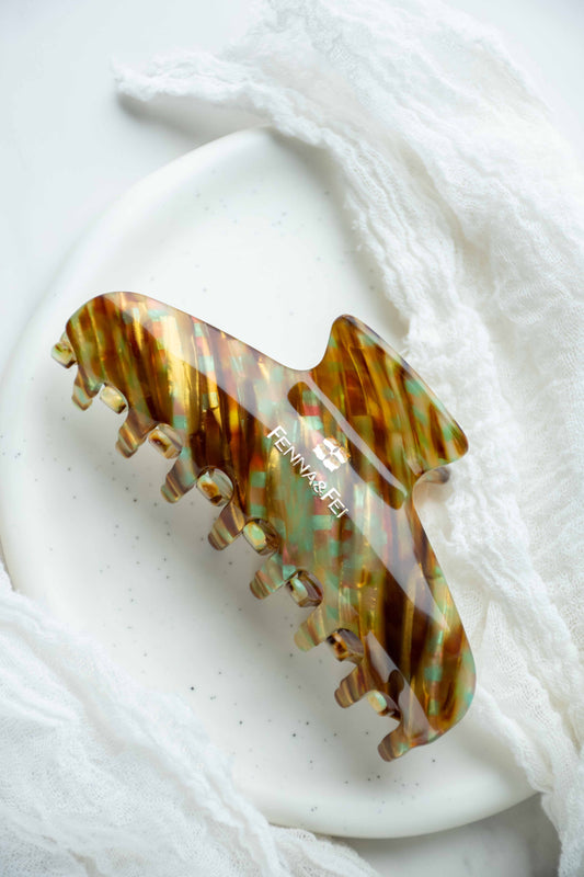 Glamour Grip Wave Claw in Fools Gold | Bronze Gold Teal Glamour Grip | Italian Acetate Tortoise Shell Large Hair Clip