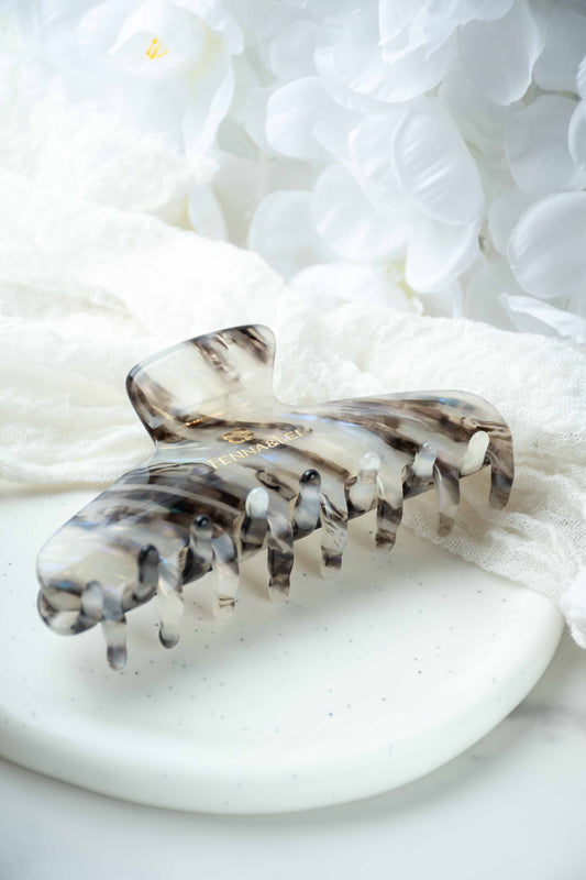 Glamour Grip Wave Claw in Phantom Quartz | Black White Blue Iridescent | Italian Acetate Tortoise Shell Large Hair Clip