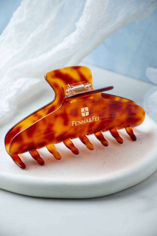 Glamour Grip Wave Claw in Barite | Burnt Orange and Brown Tortoise | Italian Acetate Tortoise Shell Large Hair Clip