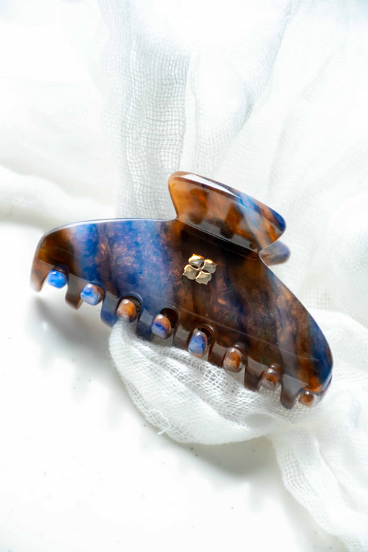 Glamour Grip Mini Claw in Blue Jasper  | Blue Brown Orange Shimmer | Italian Acetate Tortoise Shell Small Hair Clip