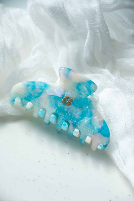 Glamour Grip Mini Claw in Blue Beryl  | Blue White Pink Shimmer | Italian Acetate Tortoise Shell Small Hair Clip