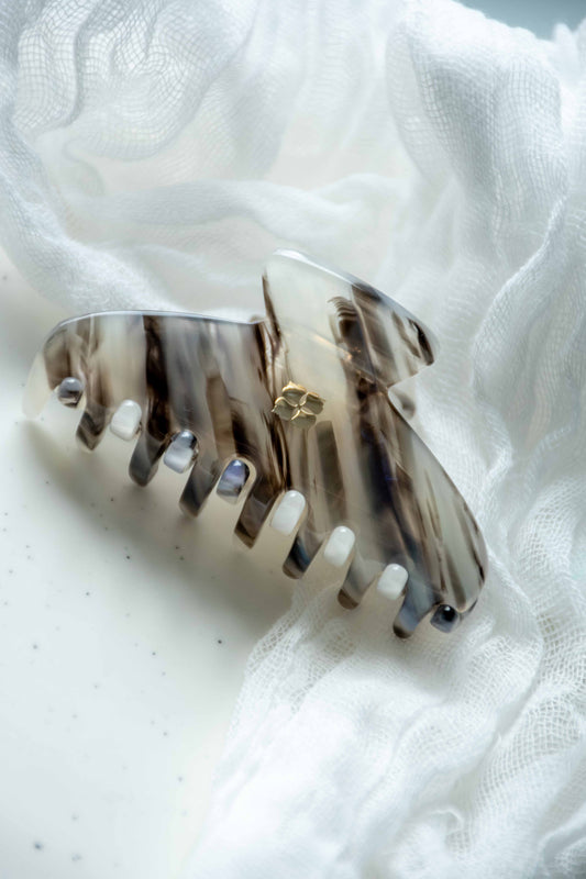 Glamour Grip Mini Claw in Phantom Quartz  | Black White Blue Iridescent | Italian Acetate Tortoise Shell Small Hair Clip