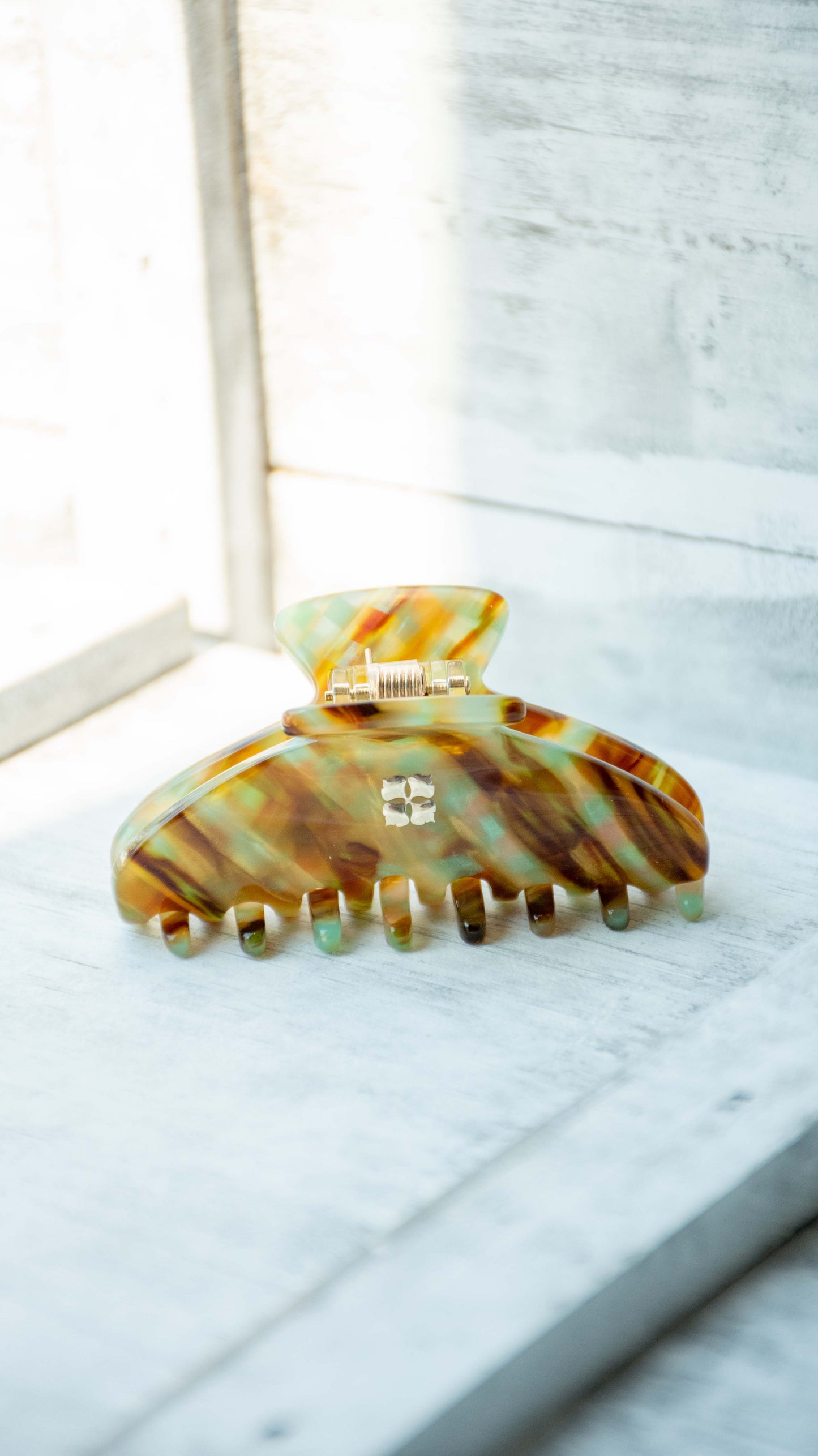 Glamour Grip Mini Claw in Fools Gold | Bronze Gold Teal Glamour Grip | Italian Acetate Tortoise Shell Small Hair Clip