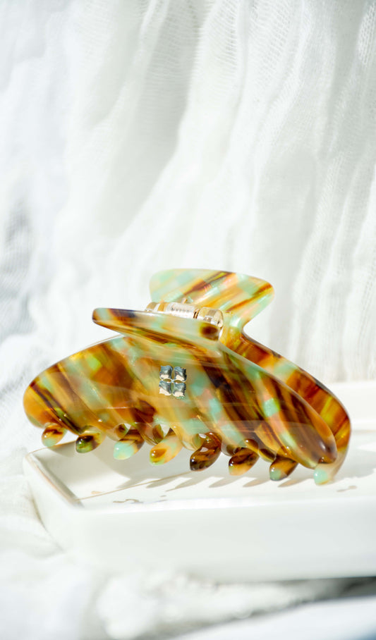 Glamour Grip Mini Claw in Fools Gold | Bronze Gold Teal Glamour Grip | Italian Acetate Tortoise Shell Small Hair Clip