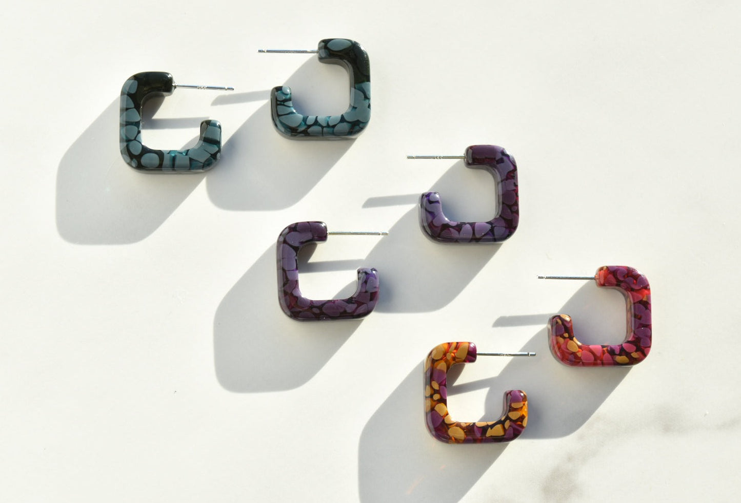 Mini Geo Hoops Flora Collection | Geometric Modern Funky Square Colorful Tortoise Shell Acetate Resin Hoop Earrings