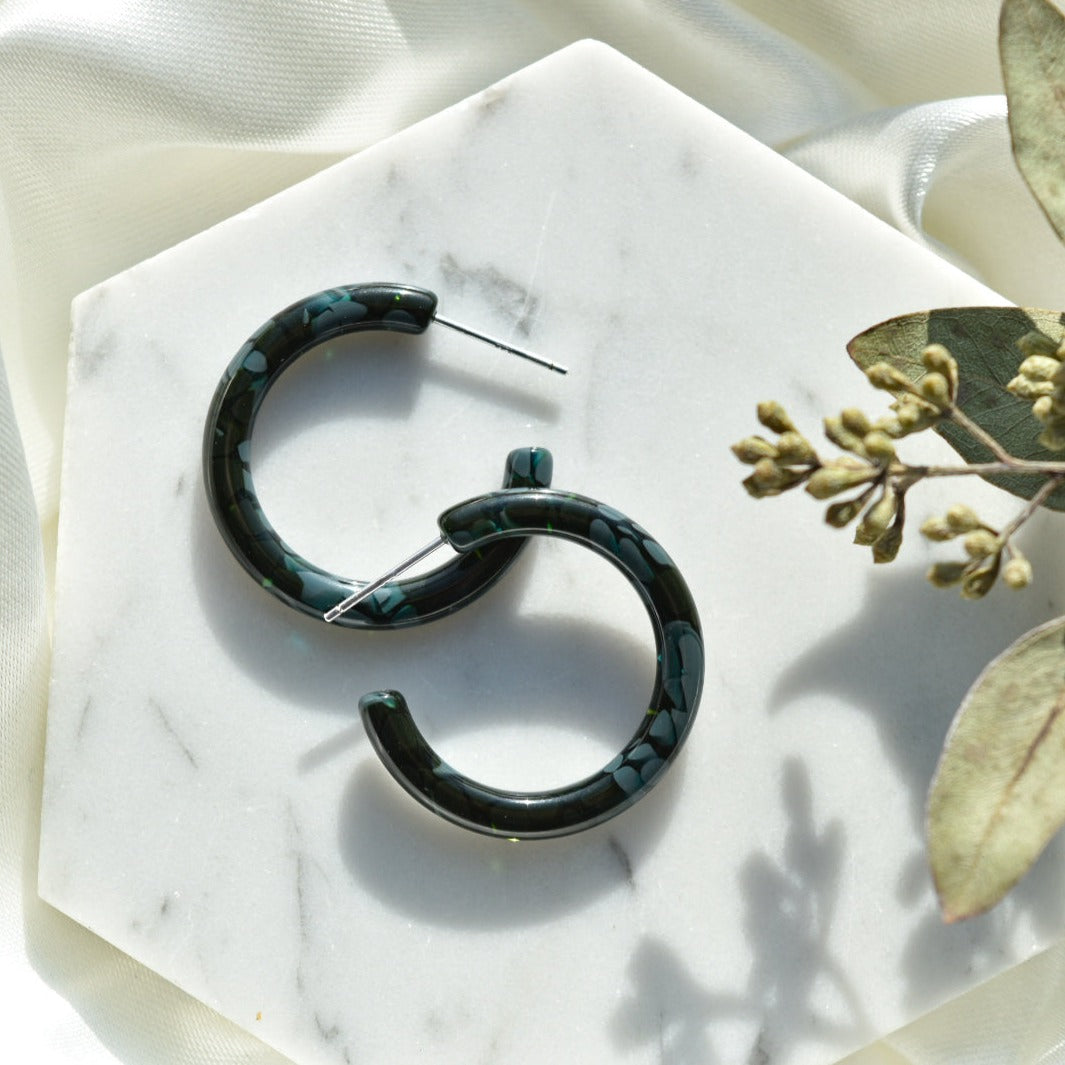 30mm Thin Round Hoops Flora Collection | Floral Hydrangea Hoop Earrings Cellulose Acetate 925 Sterling Silver Posts