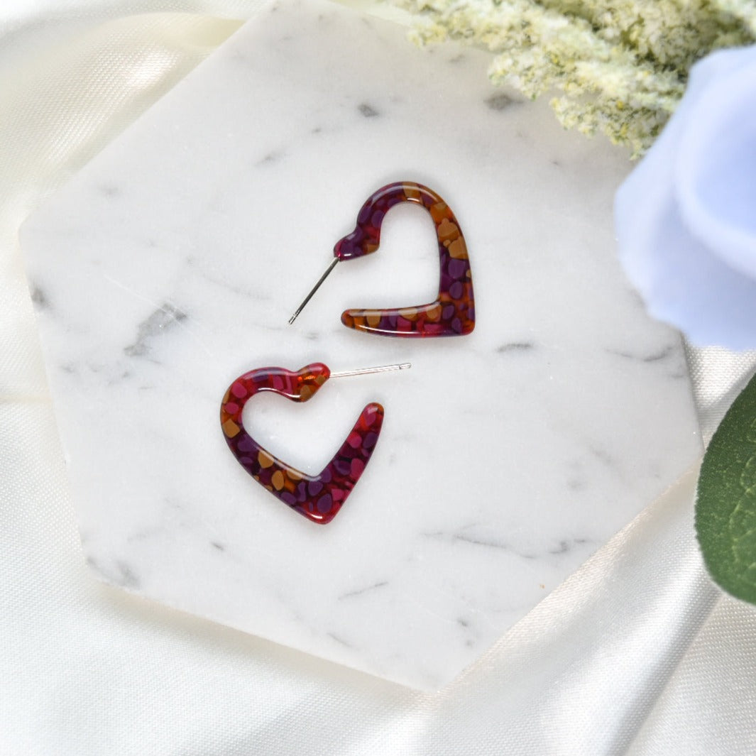 Mini Colorful Heart Hoops | Valentines Day Hoop Earrings | Colorful Tortoise Shell Acetate Hoops | 925 Sterling Silver Posts