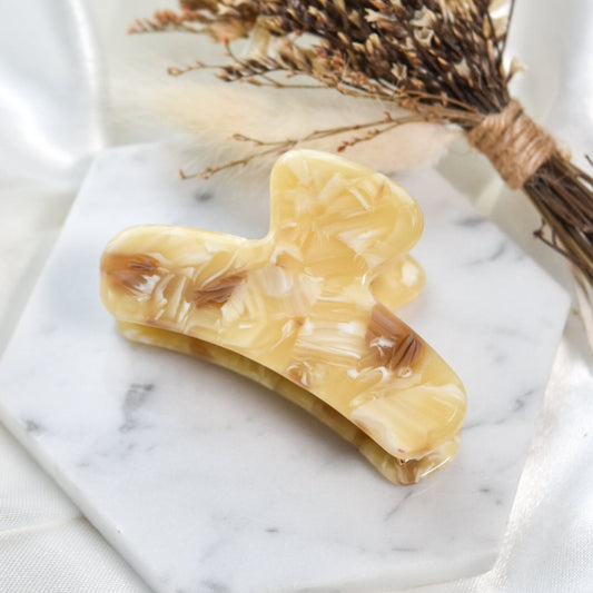 Mini French Hair Claw in Honey Onyx | Marble Yellow Cream and Brown Hair Clip Acetate Stainless Steel