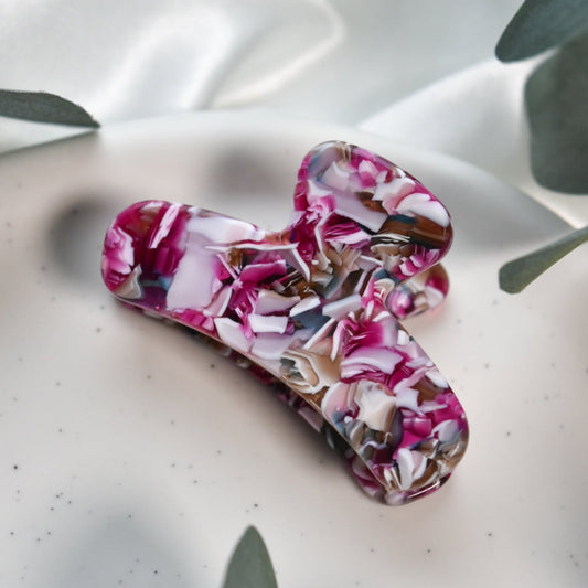 Mini French Hair Claw in Water Lily | Marble Pink, Green and White Floral Hair Clip Acetate Stainless Steel
