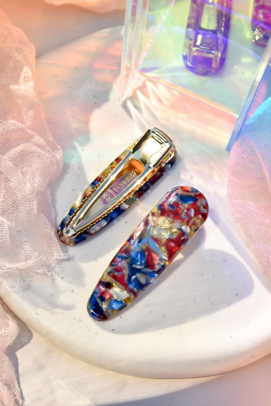 Waterdrop Clips in Stained Glass | Blue Red Yellow Alligator Sectioning Hair Clips 2 Pack Cellulose Acetate and Stainless Steel