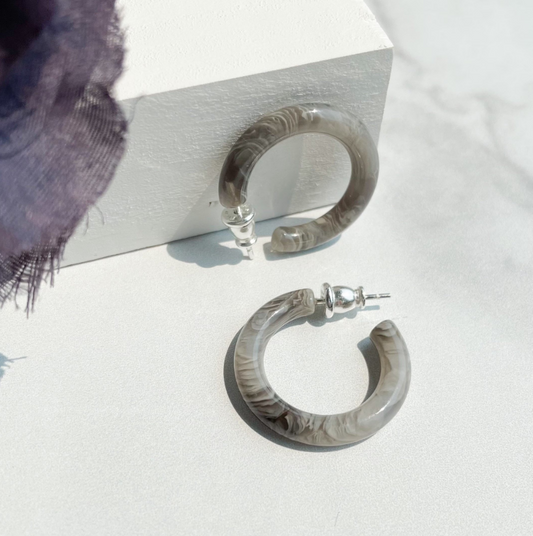 Ultra Mini Hoops in Granite | Gray and White Swirl Stone Hoop Earrings 925 Sterling Silver Posts