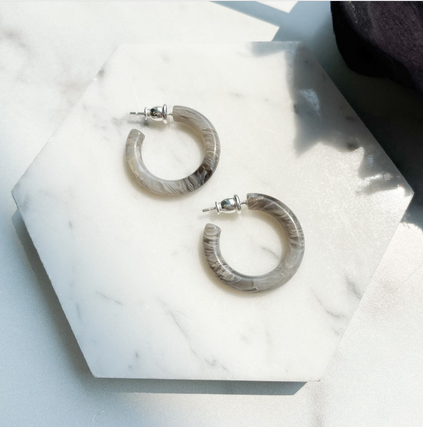 Ultra Mini Hoops in Granite | Gray and White Swirl Stone Hoop Earrings 925 Sterling Silver Posts