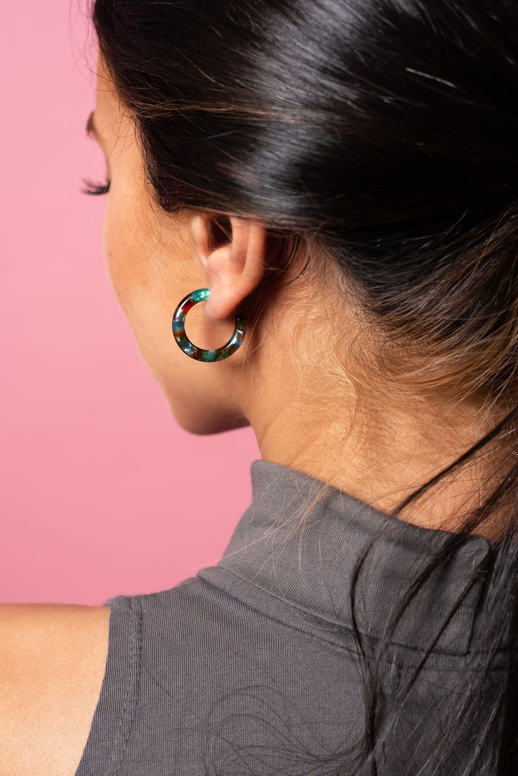 Acetate Resin Hoop Earrings | Rainforest Green, 925 Sterling Silver Posts (24mm)