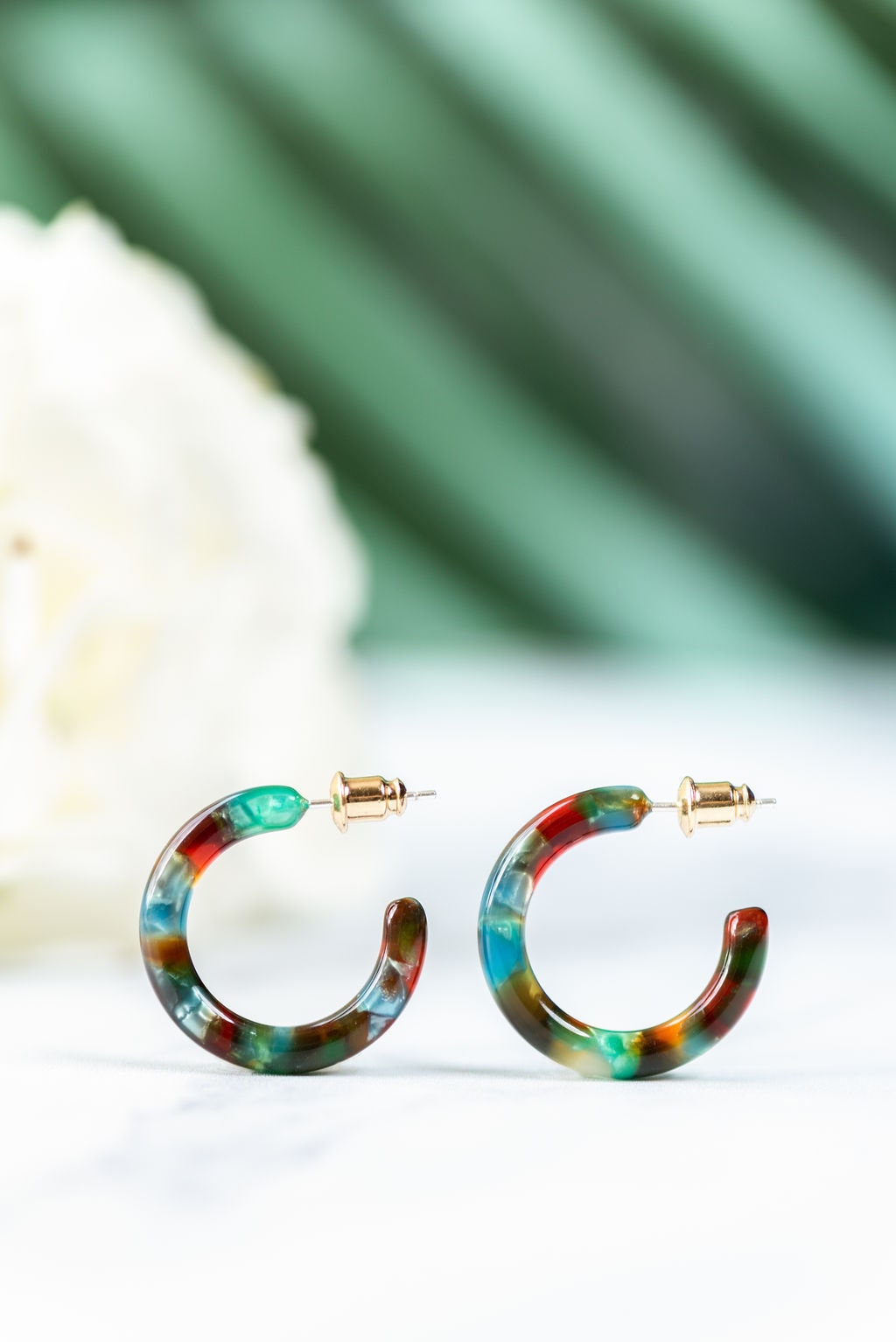 Acetate Resin Hoop Earrings | Rainforest Green, 925 Sterling Silver Posts (24mm)