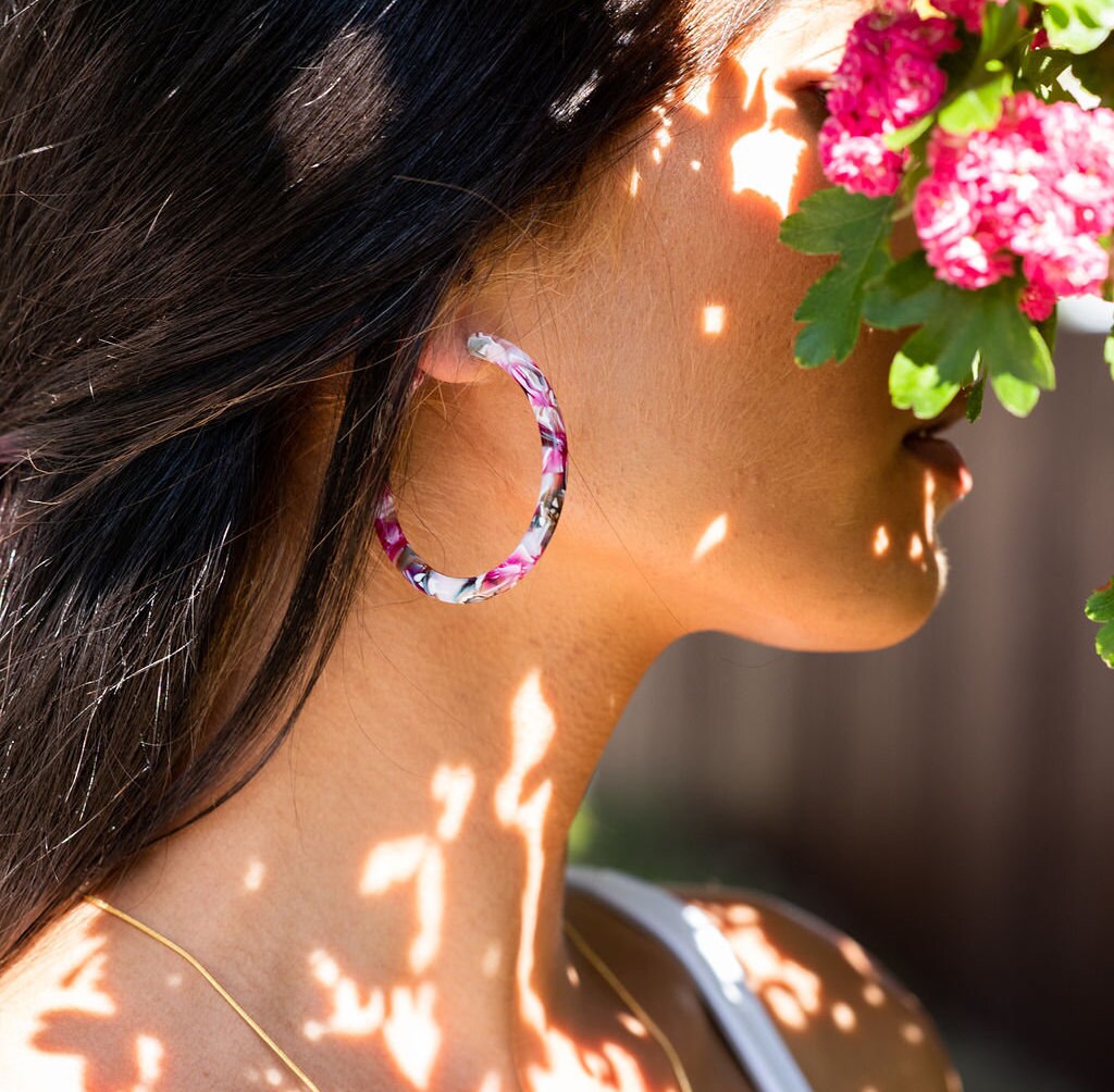 Chunky Opal Acetate Hoop Earrings | S925 Silver Posts (50mm)