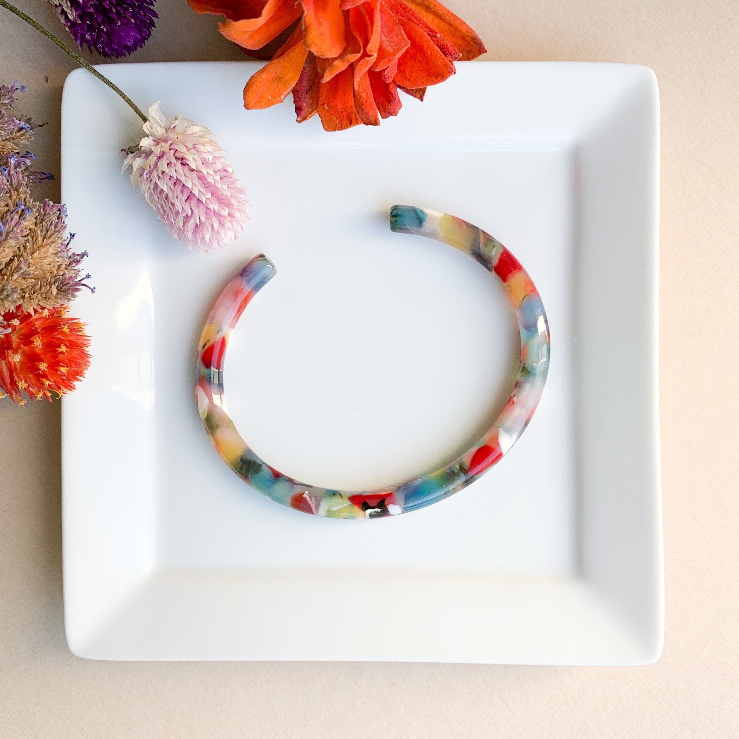 2 Pack - Colorful Acetate Bangle Cuff | Lightweight Resin Bracelet