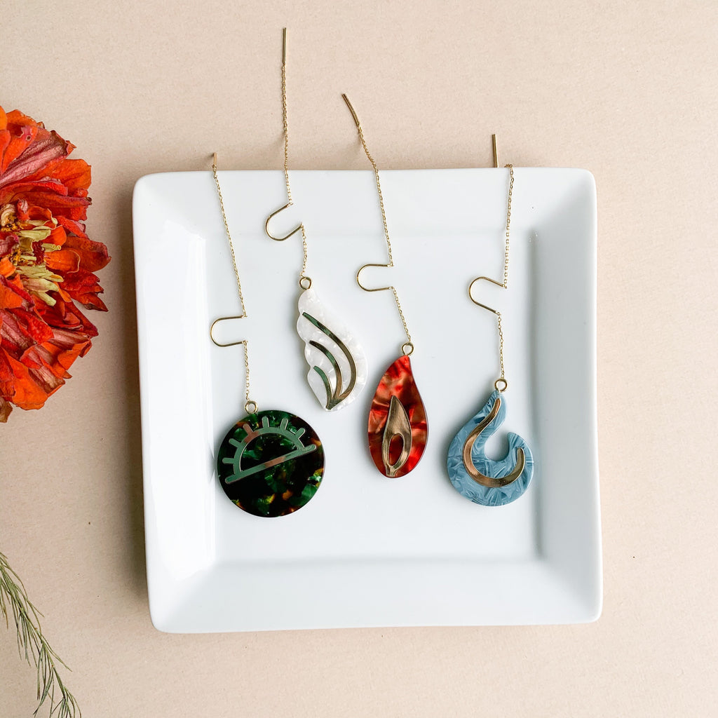 Fenna&Fei Element Threader Dangle Earrings | Earth Air Fire Water Italian Acetate Mens Womens Drop Earring 14k Gold Chain