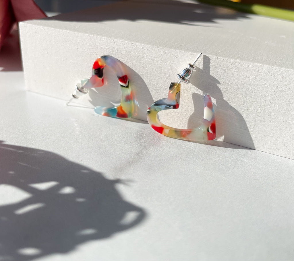 3 Pack - Heart Hoop Earrings | Colorful Acetate, Sterling Silver Posts