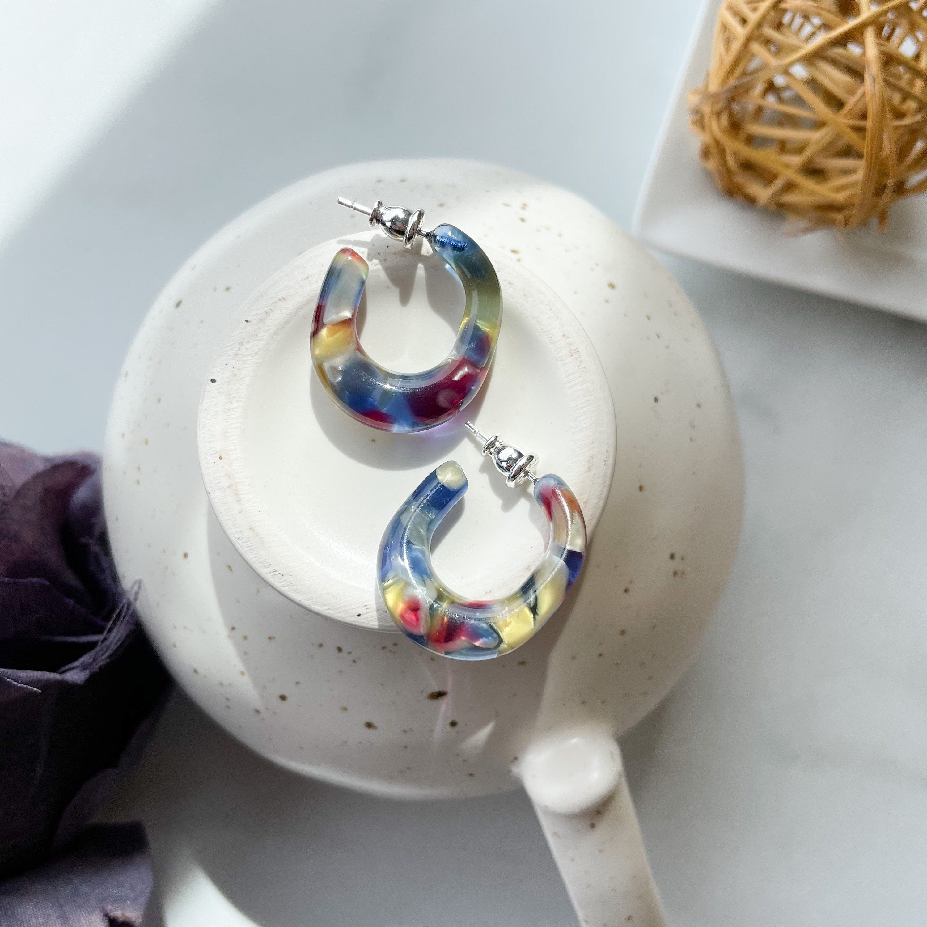 Stained Glass Hoop Earrings | Chunky Red Blue Yellow, Sterling Silver