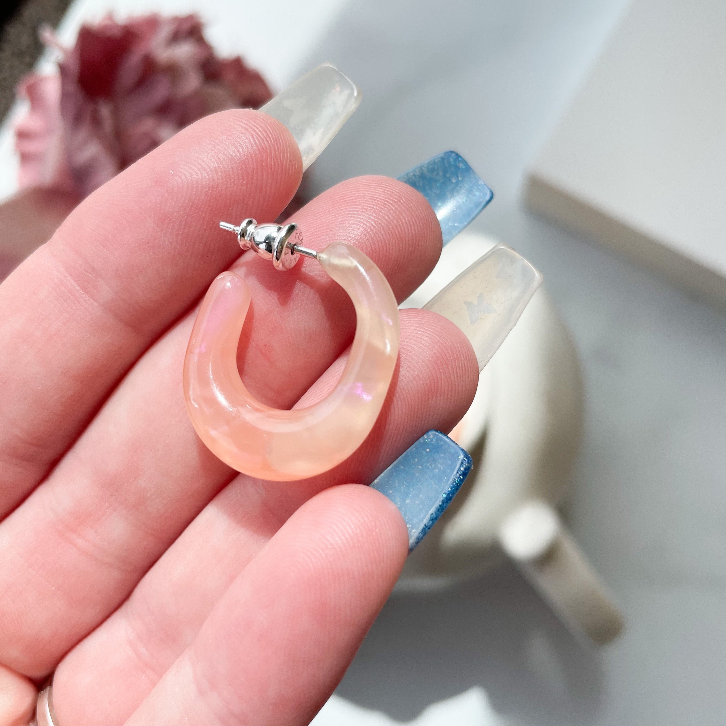 Peach Acetate Hoop Earrings | Chunky Oval with Sterling Silver Posts