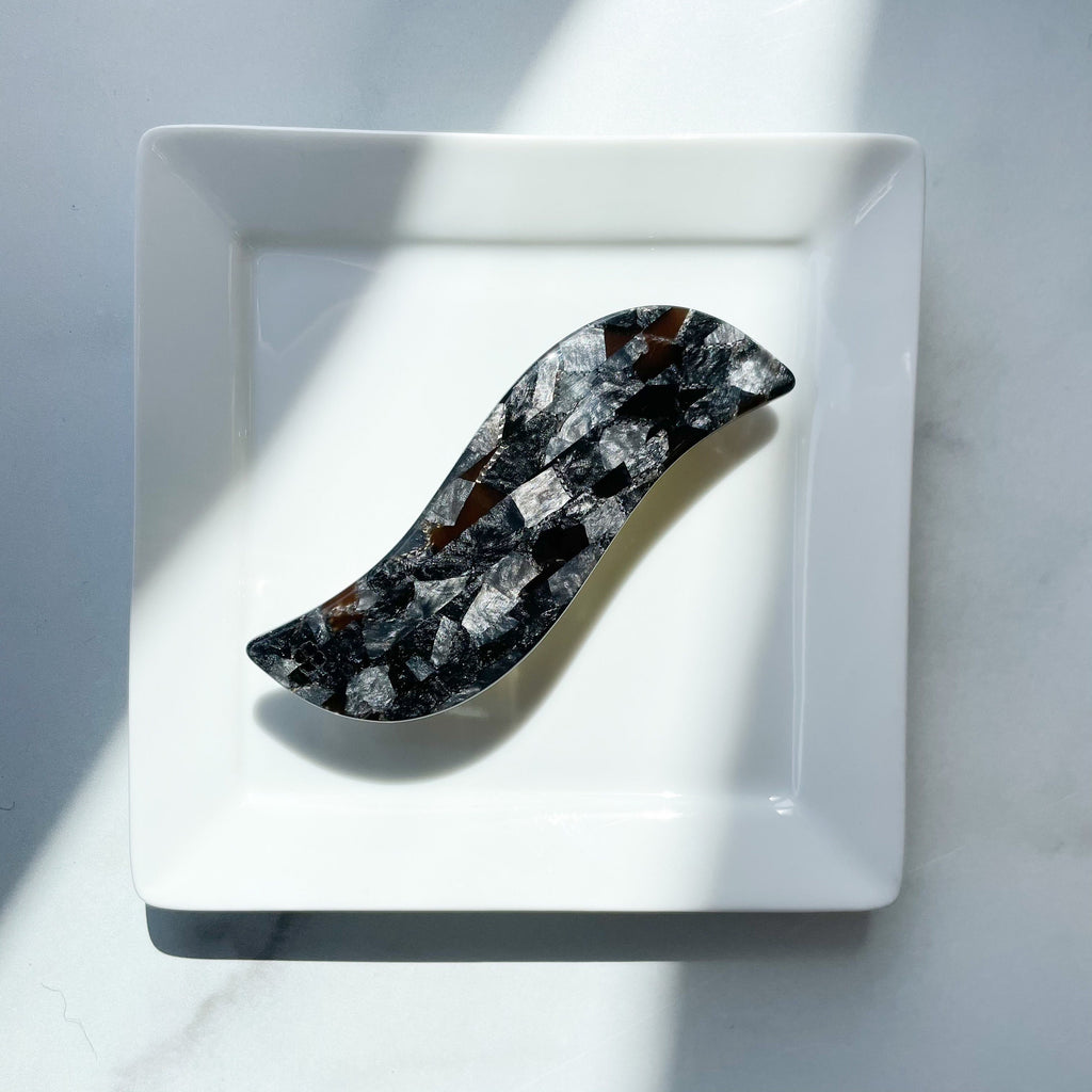 Wave Barrette | Black and Gray Stone Acetate Hair Clip