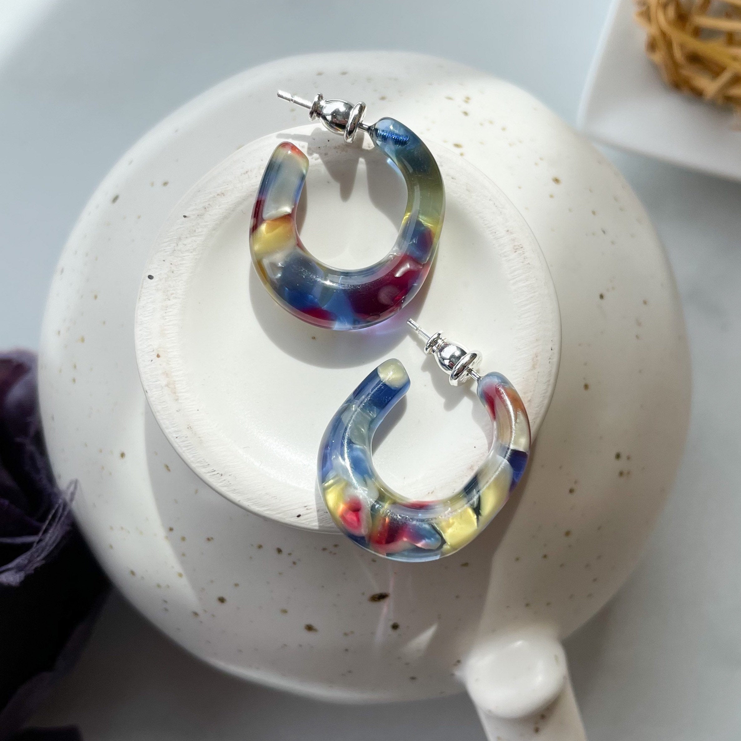 Stained Glass Hoop Earrings | Chunky Red Blue Yellow, Sterling Silver
