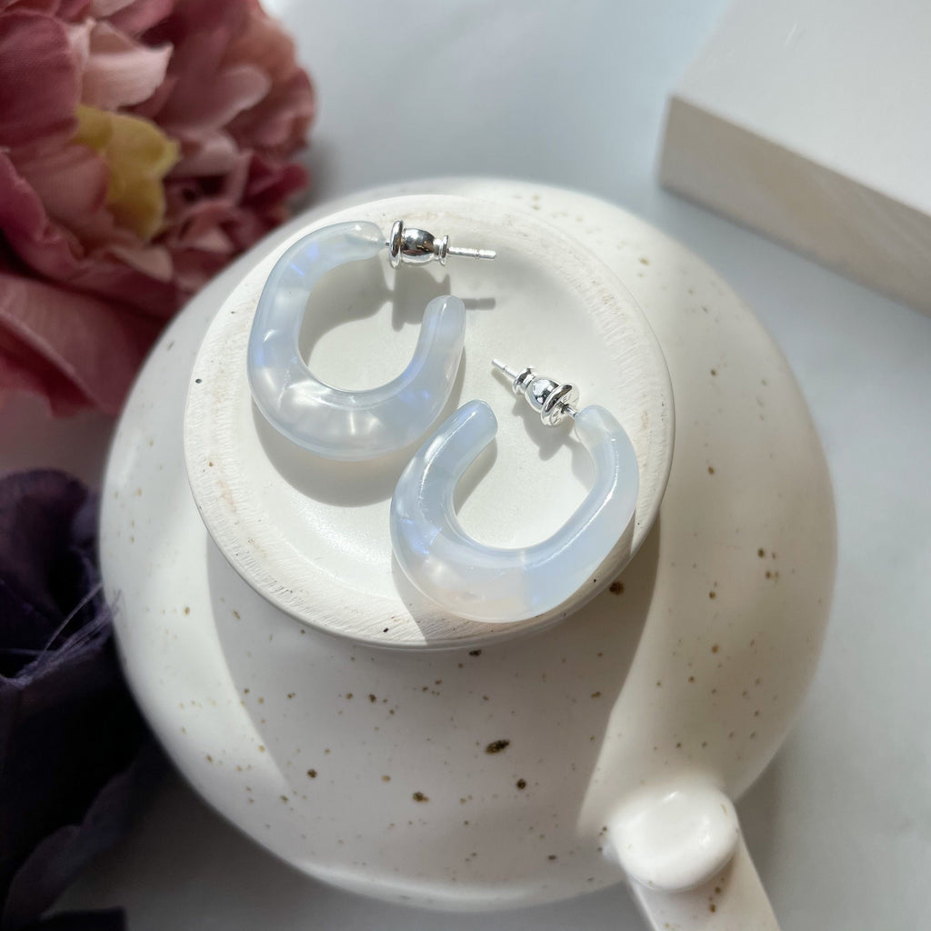 Chunky Pearl Hoop Earrings | Sky Blue, Sterling Silver Posts