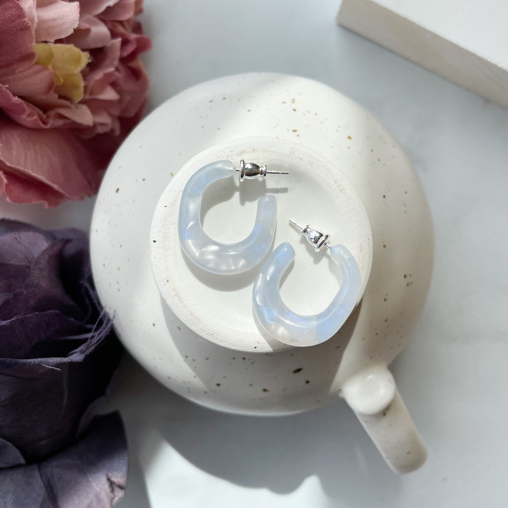 Chunky Pearl Hoop Earrings | Sky Blue, Sterling Silver Posts