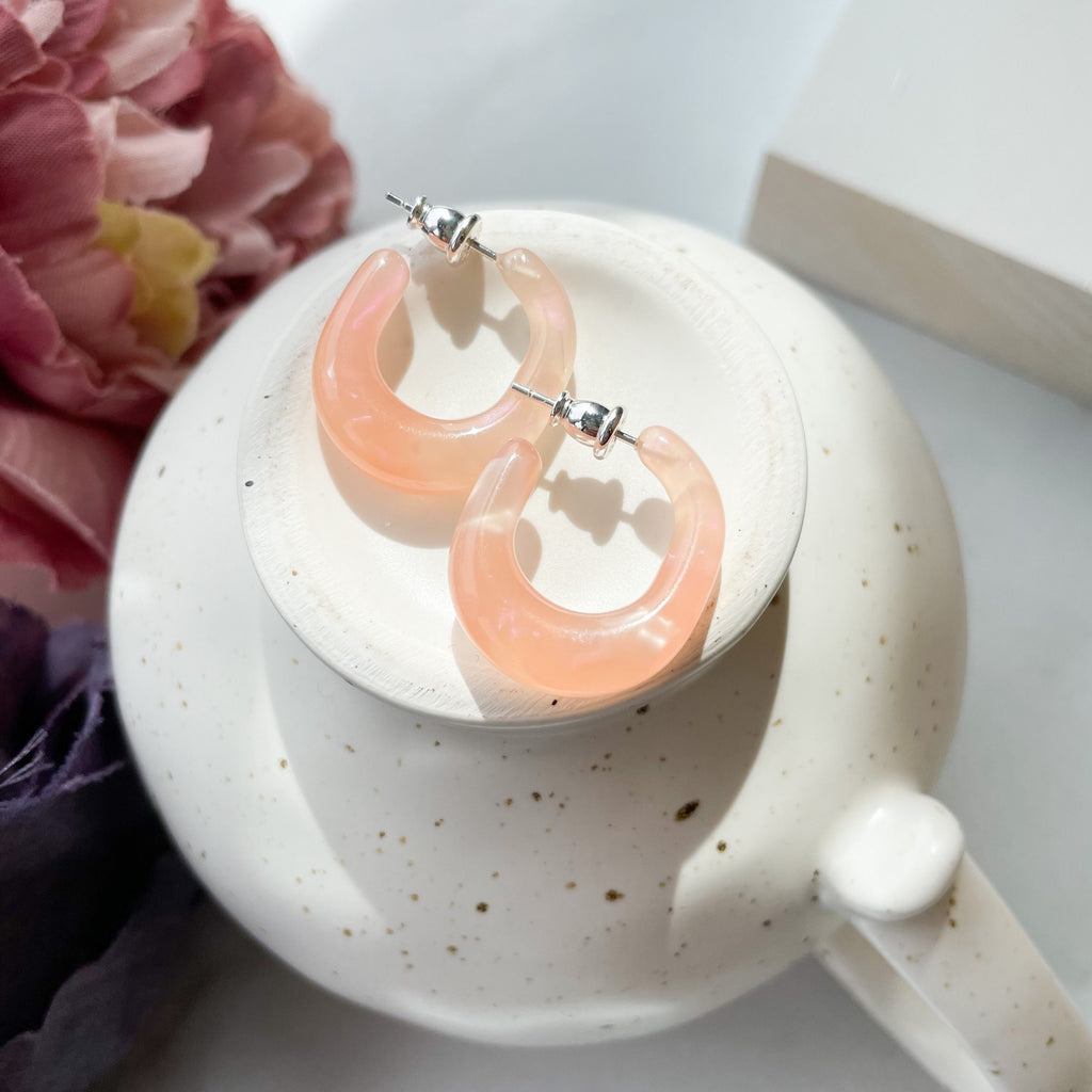 Peach Acetate Hoop Earrings | Chunky Oval with Sterling Silver Posts