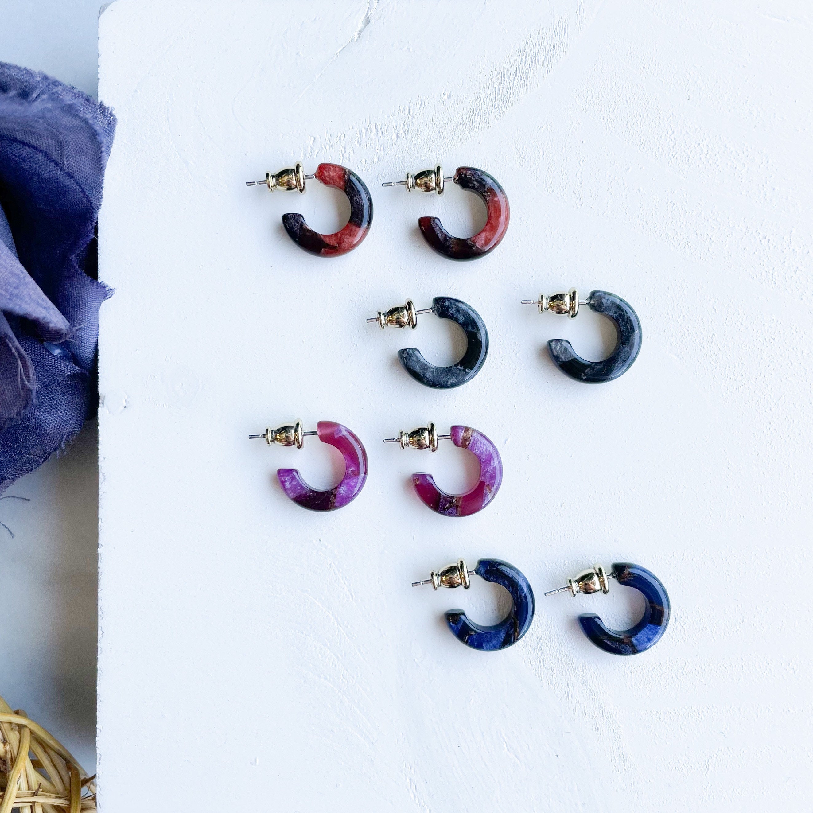 Gemstone Hoop Earrings | Cellulose Acetate & Sterling Silver, 15mm