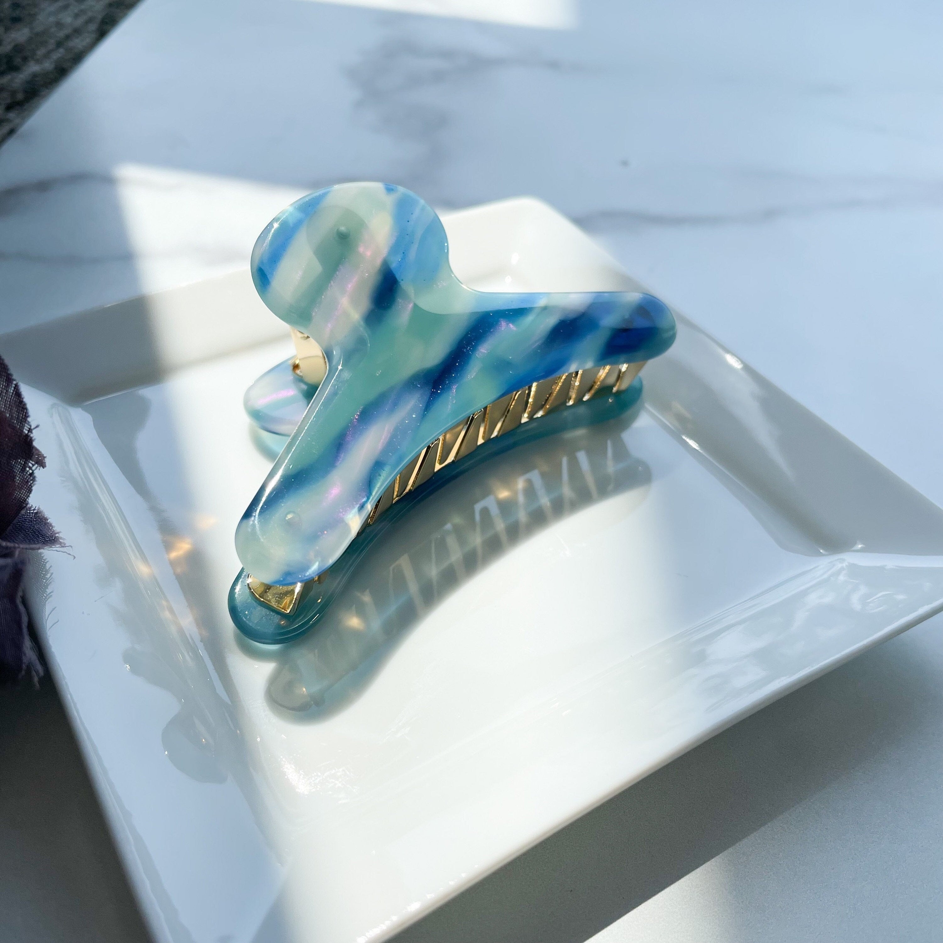 French Hair Claw in Galaxy Colors | Iridescent Blue Black Pink | Hand Made Eco-Friendly Accessories