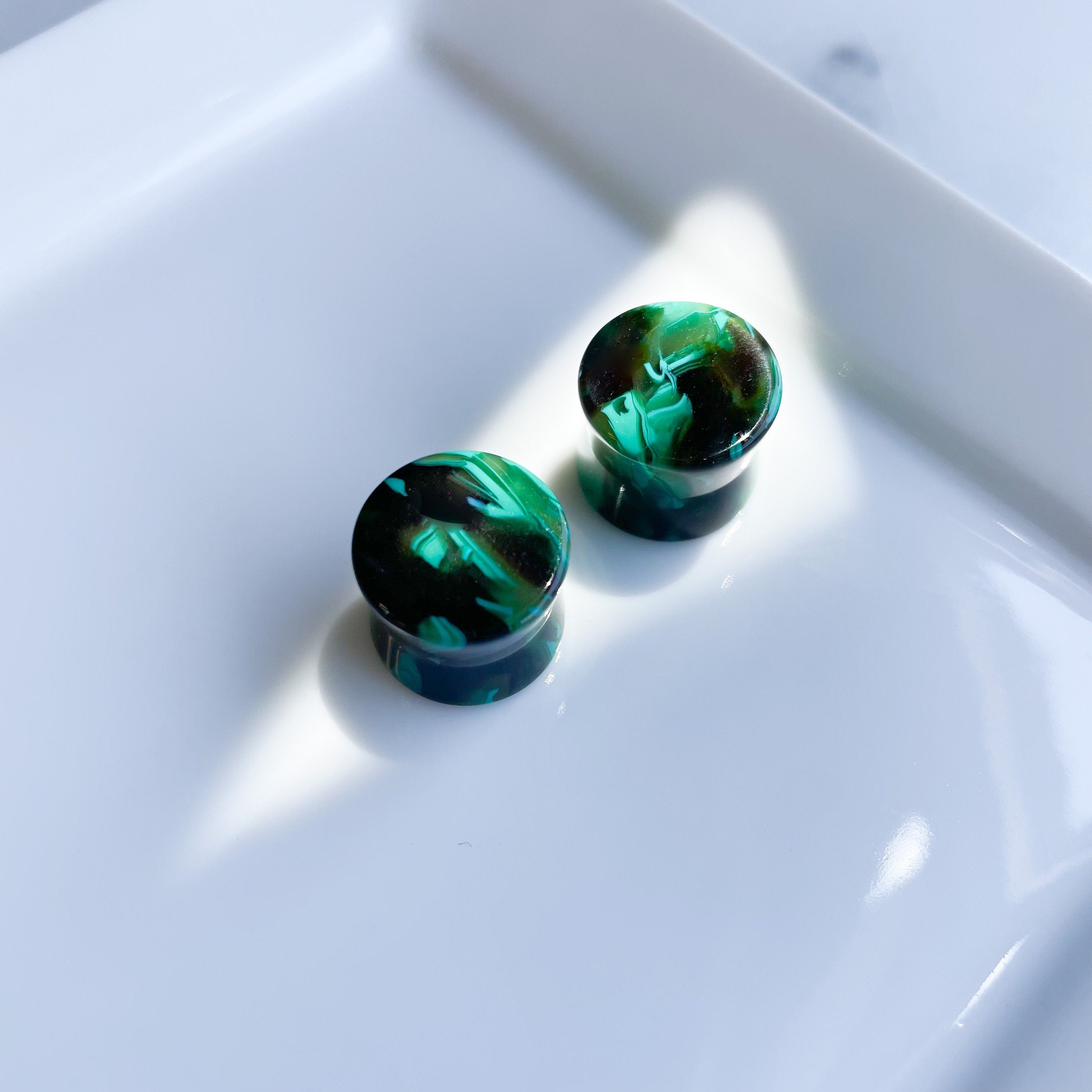Green Swirl Cellulose Acetate Double Flare Plugs, Hypoallergenic Punk Gauges