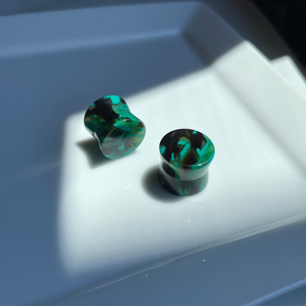 Green Swirl Cellulose Acetate Double Flare Plugs, Hypoallergenic Punk Gauges