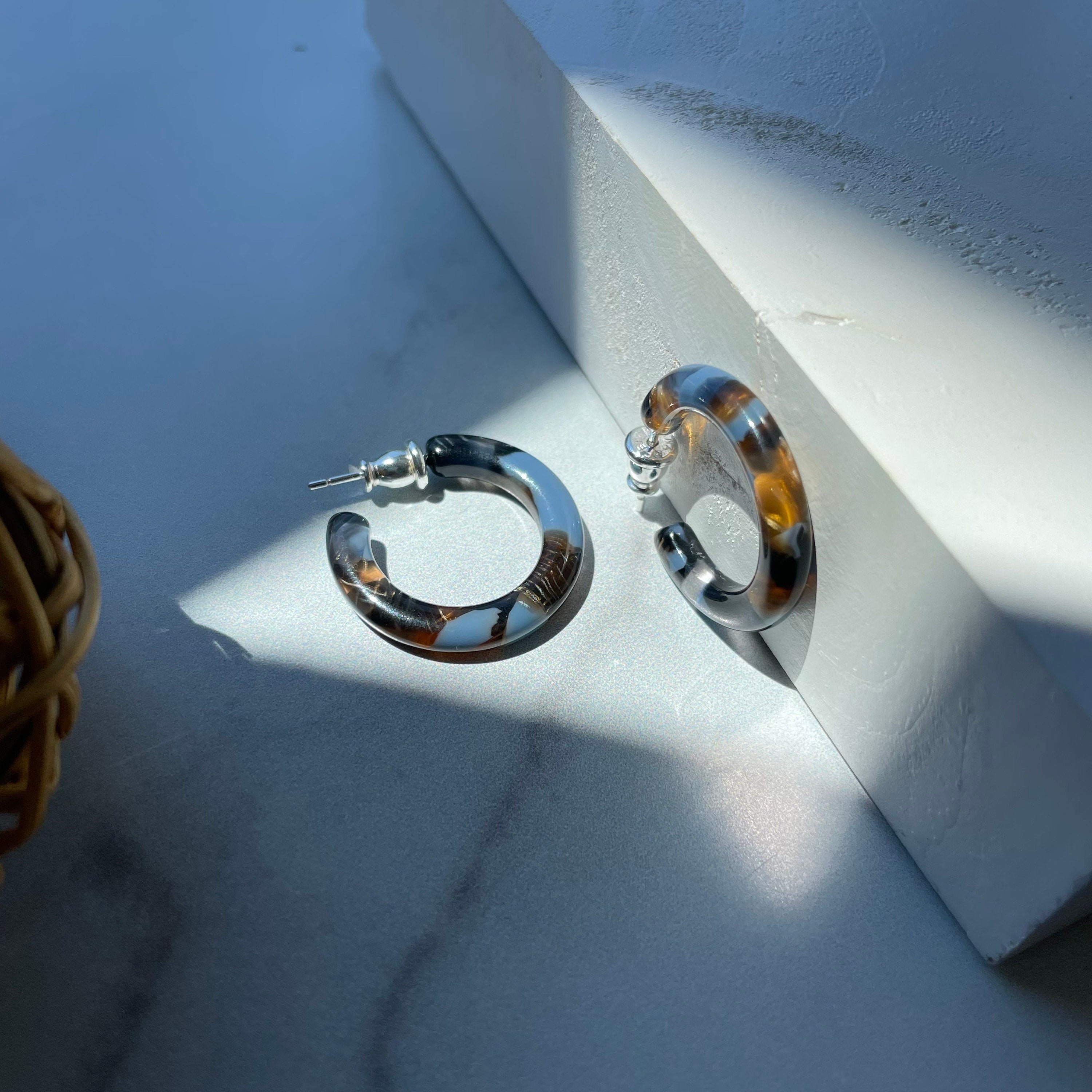 Acetate Mini Hoop Earrings | Blue Brown Reef, 925 Silver Posts (24mm)