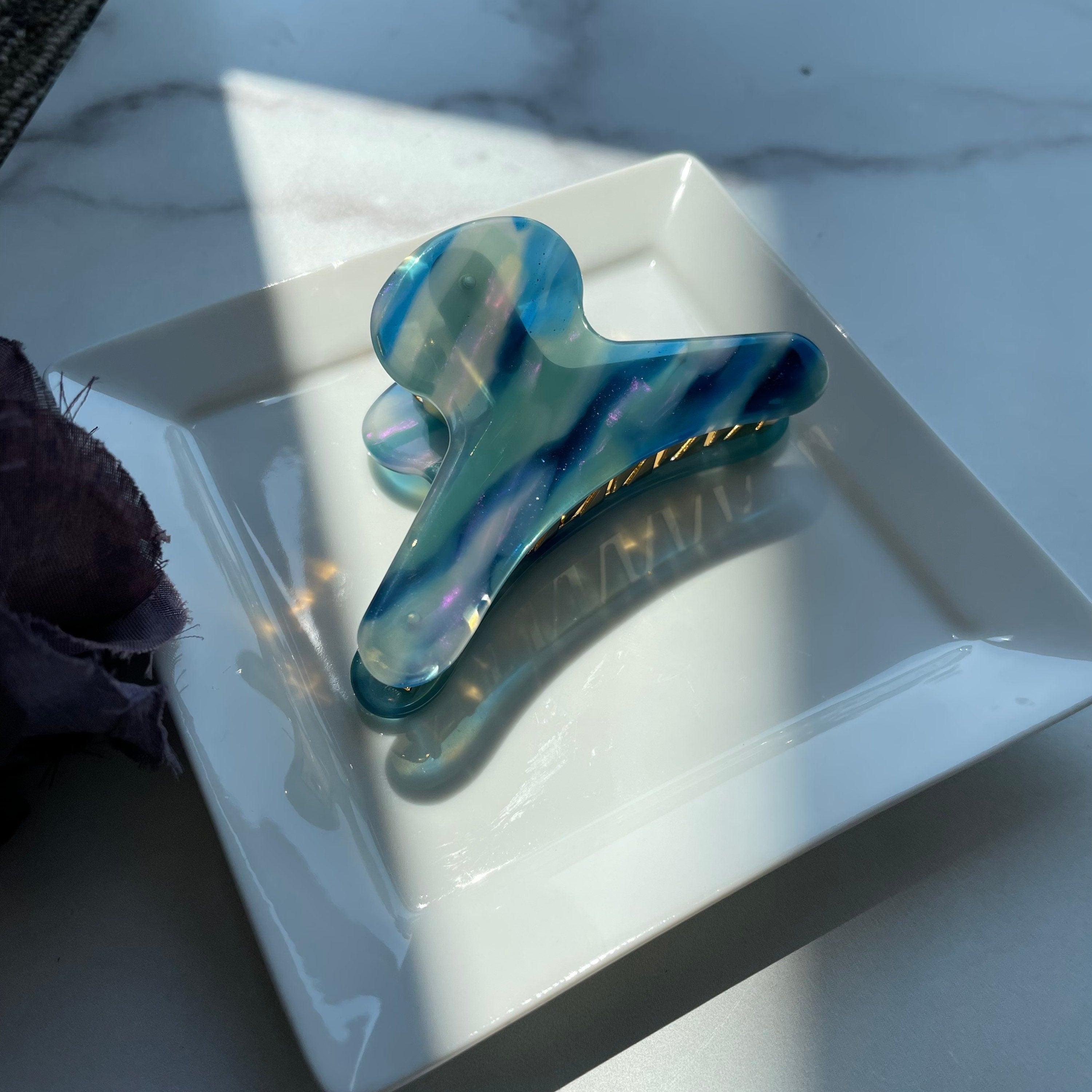 French Hair Claw in Galaxy Colors | Iridescent Blue Black Pink | Hand Made Eco-Friendly Accessories