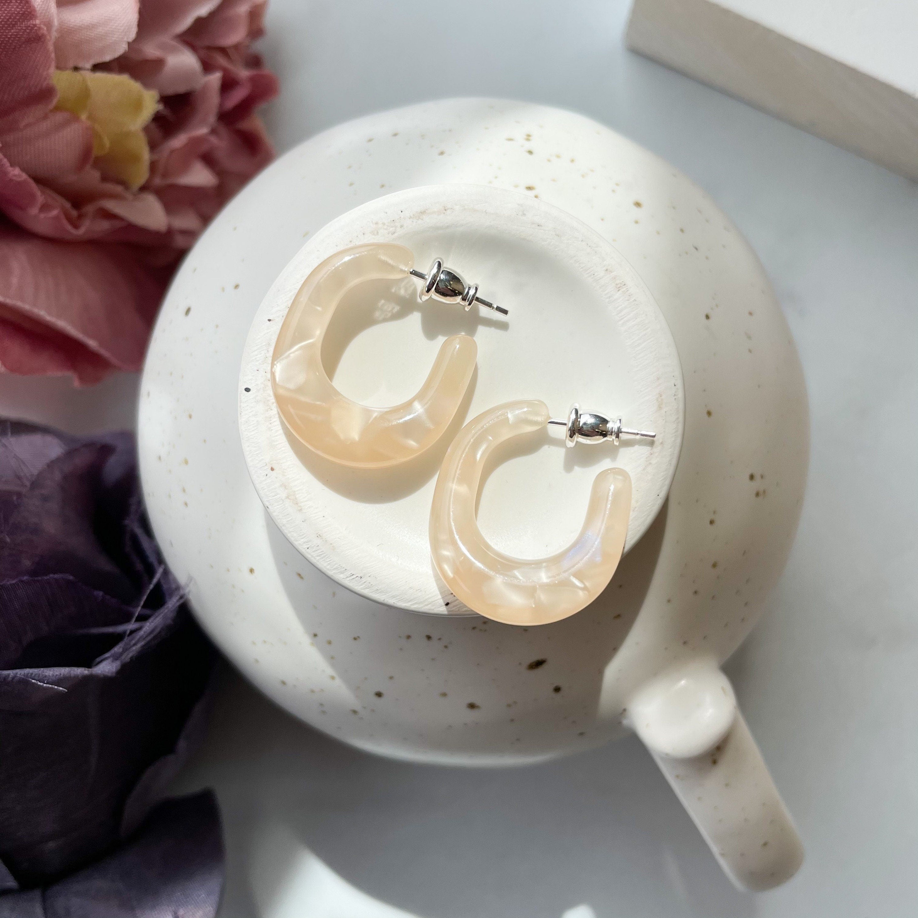 Chunky Hoop Earrings | Pearl Cream Acetate, Sterling Silver Posts