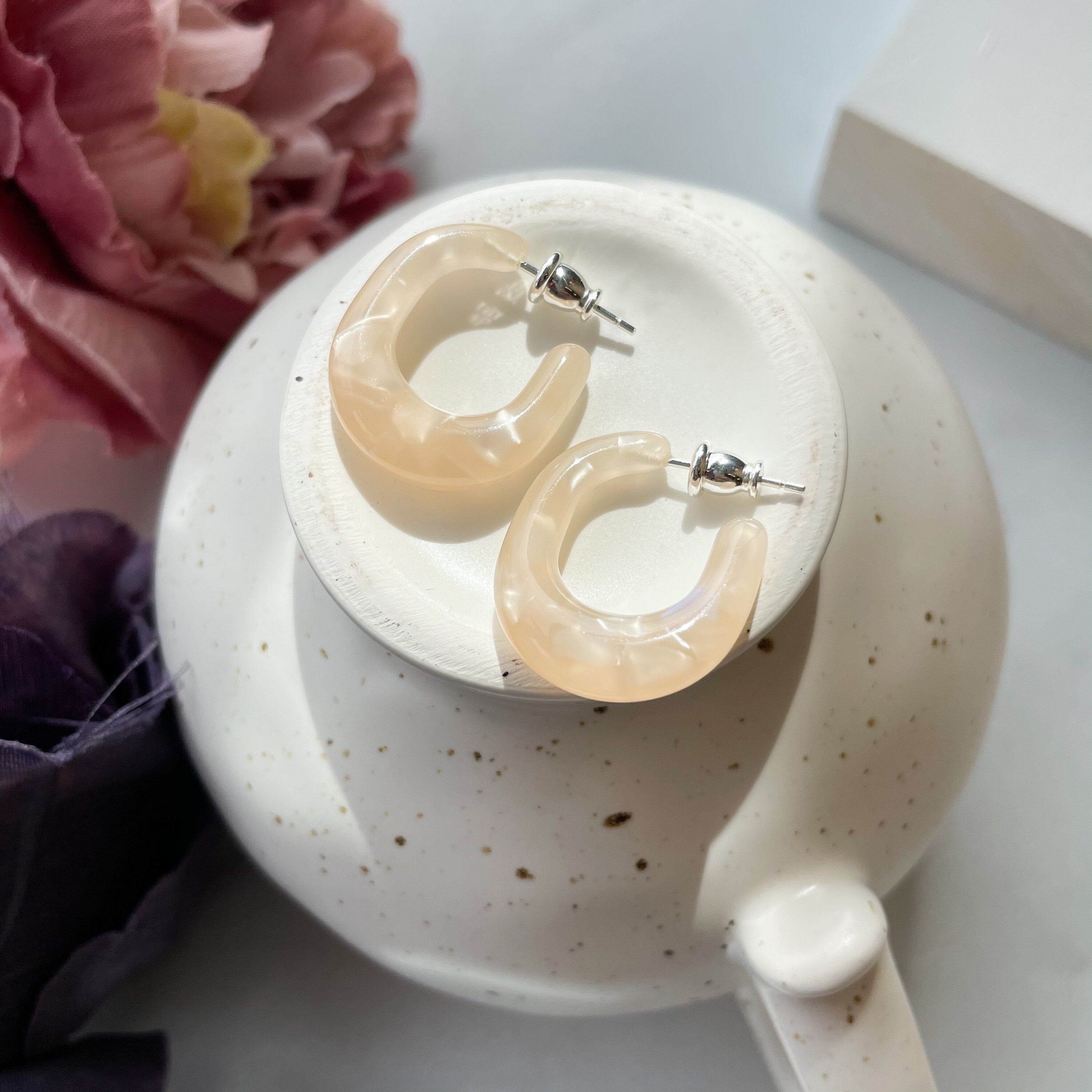 Chunky Hoop Earrings | Pearl Cream Acetate, Sterling Silver Posts